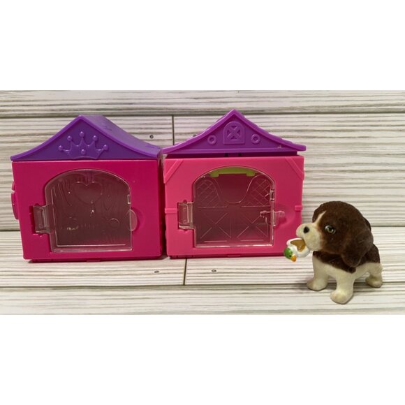 Other - Puppy in my Pocket Dog Houses & Brown Flocked Miniature with Toy in Mouth